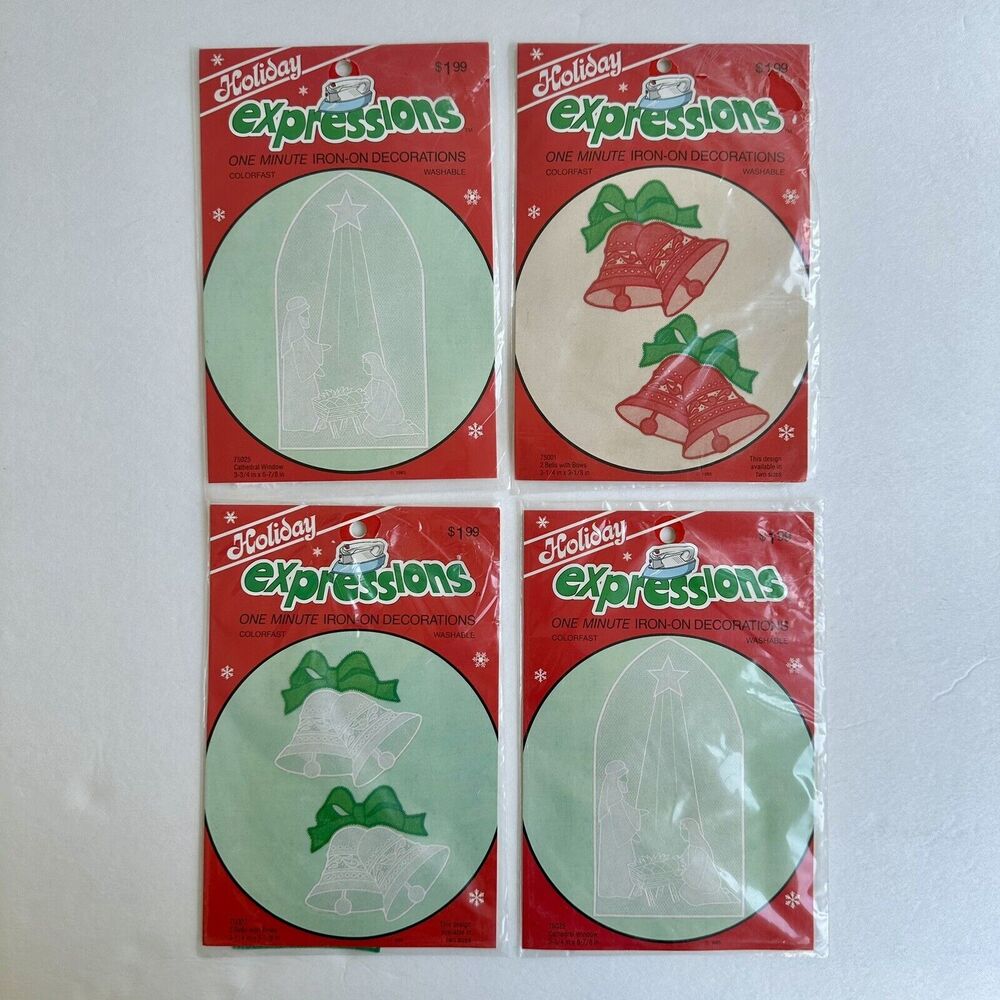 Set of 4 Vintage 80s Dritz Iron On Holiday Expressions Nativity & Bells Washable